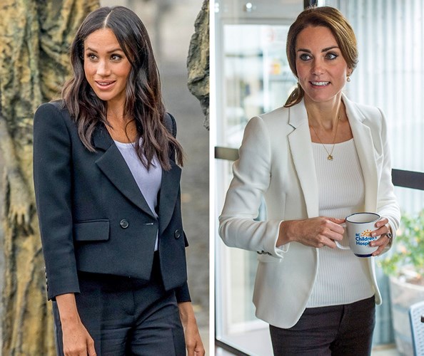 Nàng công nương xứ Sussex, Meghan khiến tín đồ thời trang thán phục bởi nét đẹp thanh lịch, quý phái nhưng không kém phần sành điệu. Cô diện áo khoác dáng ngắn, tối màu khoe phần eo thon thả. Còn Kate Middleton thì khéo léo khoe vóc dáng mảnh mai với áo vest màu trắng thanh khiết.  