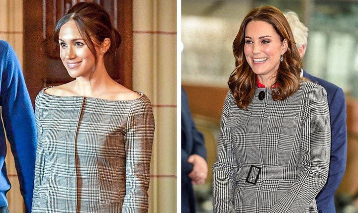Trang phục kẻ caro luôn chiếm một vị trí vững vàng trong tủ thời trang của Công nương Markle và Middleton. Trong chuyến thăm thủ đô Welsh của Cardiff cùng hoảng tử Harry, Meghan đã mặc một chiếc áo khoác kẻ với thiết kế trễ vai thanh lịch nhưng vẫn đầy gợi cảm và nữ tính. Kate Middleton xinh đẹp xuất hiện tại Manchester trong bộ váy kẻ kín đáo đến từ thương hiệu L.K.Bennett coat.  