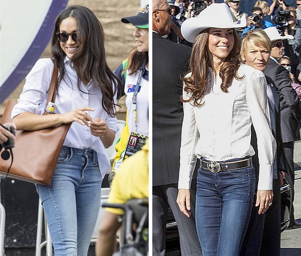 Cùng một cách phối sơ mi trắng và quần jeans, Công nương Kate ghi điểm với mũ cowboy. Meghan lại toát lên phong thái của một cô gái hiện đại, đơn giản với phụ kiện túi to bản.  