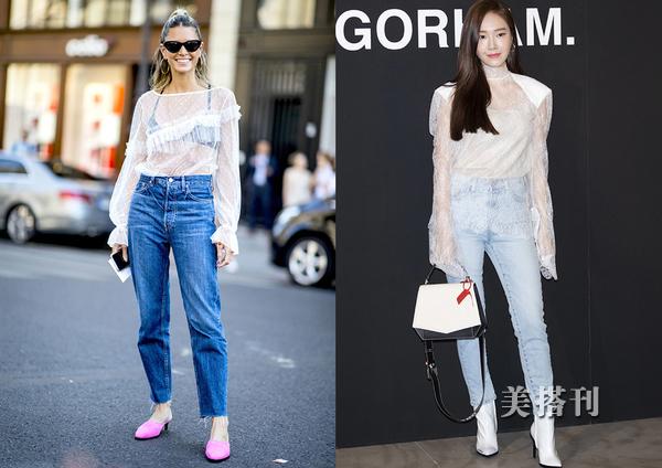 Sự kết hợp sơ mi xuyên thấu tay dài với quần jeans và giày cao gót là phong cách dành cho các cô nàng muốn trở nên thời thượng và sành điệu.     