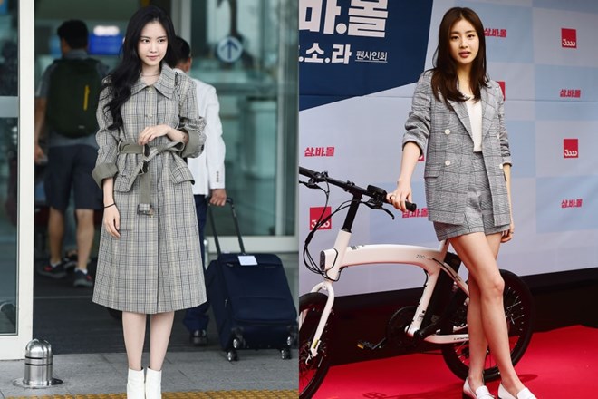 Thành viên của Apink – Son Na Eun (trái) chào thu với thiết kế trench coat kẻ caro kết hợp với boots cổ ngắn all-white. Nữ diễn viên Kang Sora (phải) cũng xuất hiện trong một sự kiện gần đây với set đồ kẻ caro tông xám tương tự như Son Na Eun nhưng là kiểu vest dáng dài và áo thun sơ vin cùng quần shorts.  