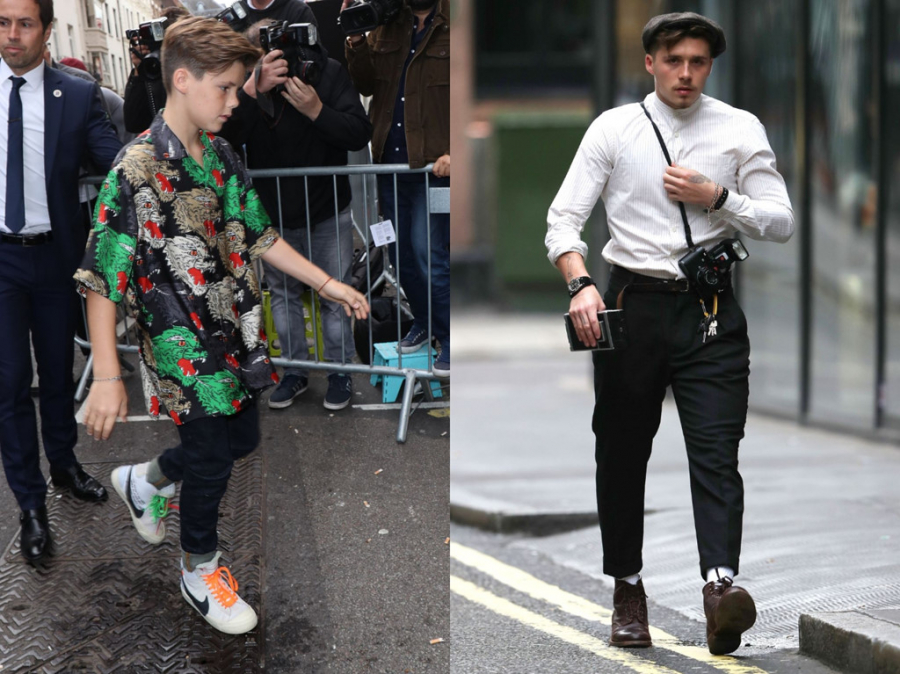 Trong khi đó, bé Cruz lại trẻ trung với sơ mi hoa và giày sneaker. Còn anh cả Brooklyn trông già dặn với sơ mi cổ trụ và quần âu, giày boots và mũ nồi. 
