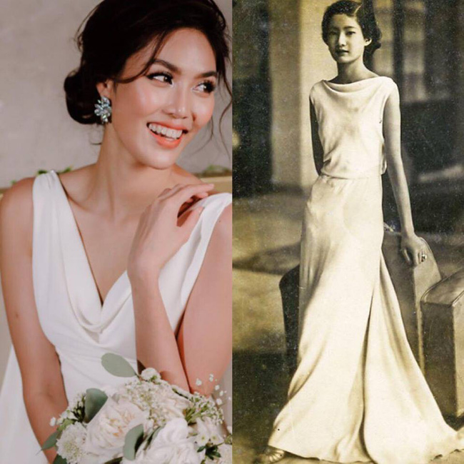 Cảm hứng từ bộ váy cưới của Nam Phương Hoàng hậu, thiết kế váy của Lan Khuê đan xen giữa hiện đại và hoài niệm, giữa gợi cảm và đoan trang hiền thục, thể hiện đúng tình cách cũng như tôn trọn được sắc vóc ngọt ngào, cao sang của Hoa khôi Áo dài Lan Khuê.    