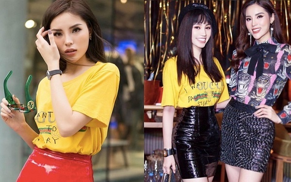 Phối  áo phông màu vàng của Gucci  với chân váy da màu đỏ, Kỳ Duyên tạo nên set đồ hết sức ấn tượng. Chiếc áo này cũng từng được Jolie Nguyễn mặc trong dịp sinh nhật của Kỳ Duyên, nhưng cô lại mix cùng với chân váy da màu đen và đội thêm mũ nồi khá duyên dáng.    