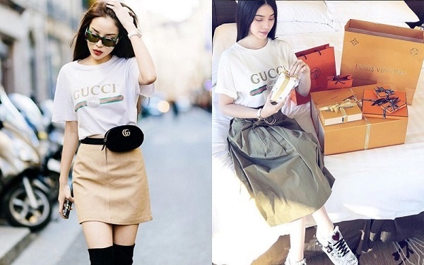 Lại thêm một mẫu áo phông của Gucci được cả hai người đẹp này lựa chọn. Nếu Kỳ Duyên mix áo cùng mini skirt, thêm phụ kiện là boots đùi và túi ngang hông thi Jolie lại phối cùng chân váy midi và giày sneaker.    