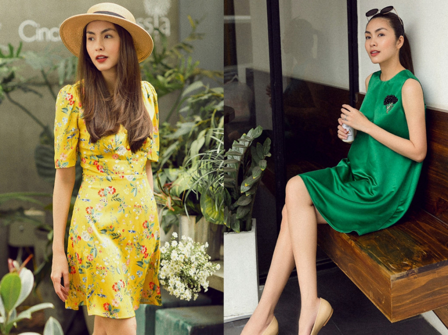 Ngay cả với đầm ngắn, Hà Tăng vẫn chọn những thiết kế có họa tiết, màu sắc không quá nổi bật nhưng đủ gây ấn tượng. Tủ đồ mùa hè của diễn viên xinh đẹp không thể thiếu item mang hơi hướm vintage khi cô kết hợp với mũ cối (ảnh trái). Hoặc sang chảnh, hiện đại với đầm dáng suông nhấn nhá họa tiết thêu ở ngực áo. 