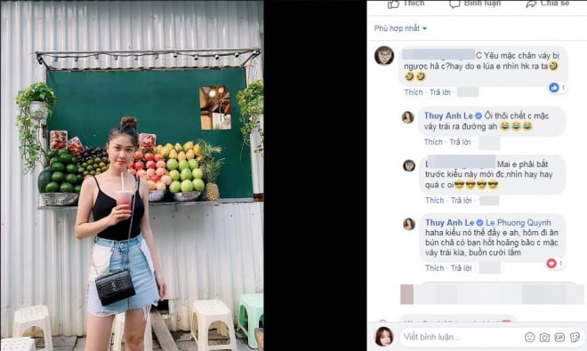 Thực ra thì kiểu váy nó thế chứ không phải Thủy Anh mặc váy trái ra đường đâu. Lúc Thủy Anh mặc ra đường có fan còn hốt hoảng ra nhắc khéo rằng cô mặc váy trái khiến Thủy Anh không nhịn được cười.    