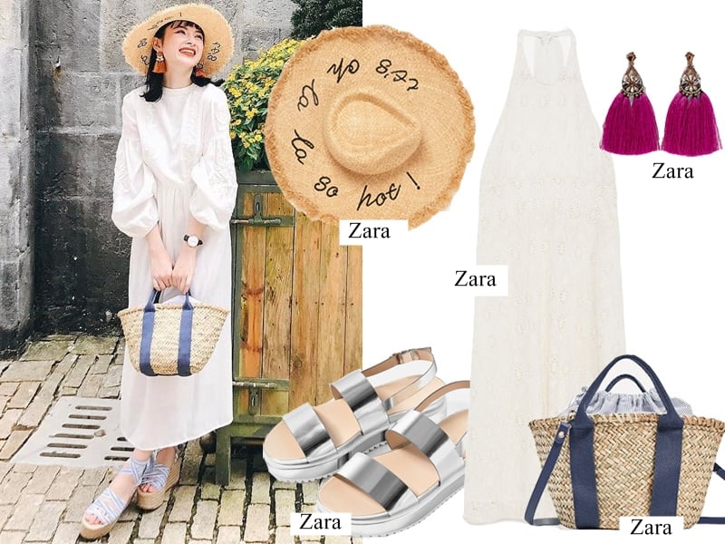 Đầm maxi trắng với phần tay phồng nữ tính, kết hợp cùng túi cói, mũ rơm và sandals đế xuồng đã giúp Angela Phương trinh có được phép cộng hoàn hảo. Bộ đồ mang đậm phong cách cổ điển không chỉ làm bật lên nét ngọt ngào mà còn tôn vẻ phóng khoáng cho kiều nữ. (Váy maxi: 1.999.000VND – Khuyên tai: 499.000VND – Mũ: 649.000VND – Túi cói: 999.000VND – Sandals ánh kim: 999.000VND)    