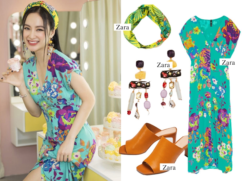 Đầm in hoa thắt eo, giày mule cao gót chính là bộ đôi hoàn hảo để Angela Phương Trinh tô đậm phong cách nữ tính. Mỹ nhân 9X còn điểm xuyết băng đô hoa và khuyên tai nhiều màu sắc, vừa làm tăng vẻ duyên dáng lại trở nên thời thượng hơn. (Đầm: 1.199.000VND – Băng đô: 299.000VND – Khuyên tai: 599.000VND – Sandals: 1.599.000VND).    