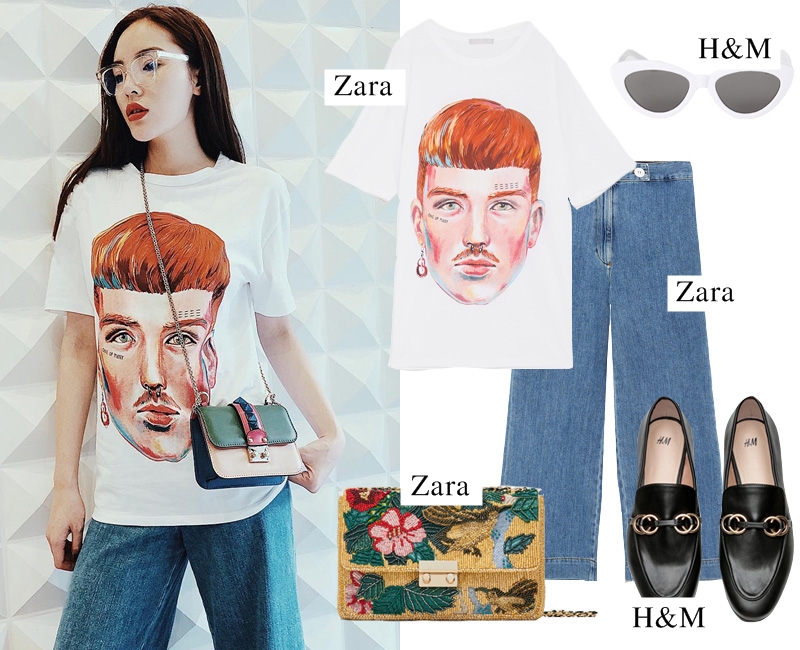 Dù chỉ là áo thun từ thương hiệu bình dân Zara, Kỳ Duyên cũng khéo léo nâng tầm phong cách nhờ phép cộng với quần denim ống rộng và túi có tông màu đặc sắc. (Áo: 599.000VND – Quần: 1.199.000VND – Giày: 699.000VND: – Túi: 1.599.000VND – Kính: 299.000VND).    