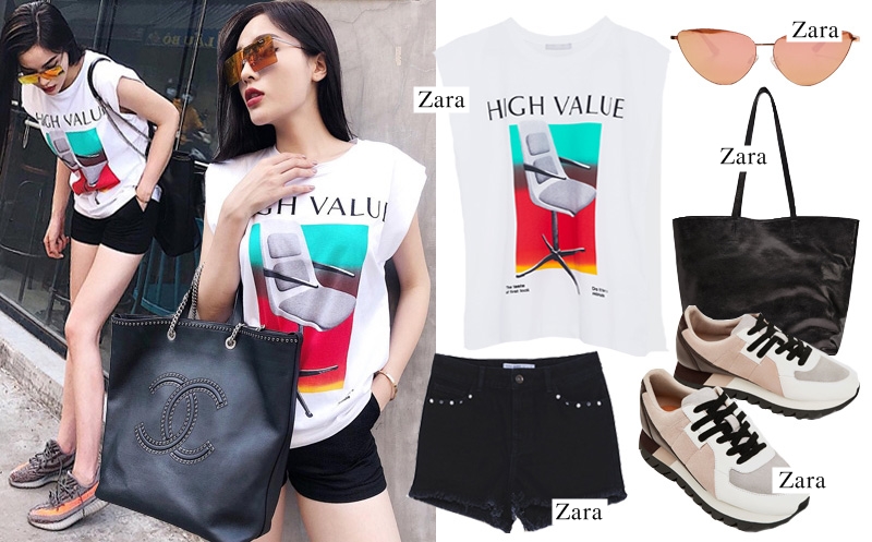 Ngoài jeans, Kỳ Duyên còn trưng dụng quần shorts để mix cùng áo thun họa tiết graphic của Zara, làm tăng vẻ năng động, khỏe khoắn. (Áo: 599.000VND – Quần: 799.000VND – Giày: 1.399.000VND – Túi: 2.699.000VND – Kính: 599.000VND).    