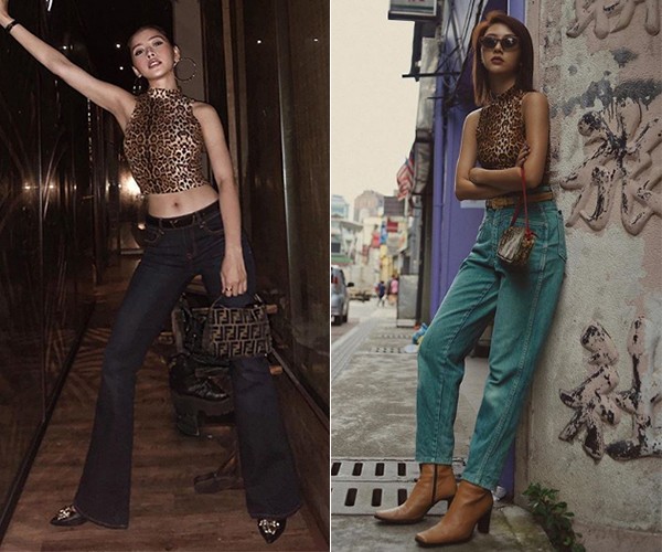 Chiếc croptop da báo được Chi Pu biến thành món đồ sang chảnh khi phối cùng quần ống loe, trong khi đó Quỳnh Anh Shyn “ngầu” hơn bằng cách diện cùng quần jeans, ankle boots.  