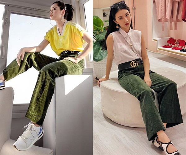 Cùng một chiếc quần nhung xanh rêu, Chi Pu trông sporty khi diện theo phong cách thể thao, trong khi đó Quỳnh Anh Shyn trung thành với style cổ điển đã thành thương hiệu. Trước đây, phong cách của Chi Pu thiên về sự nhẹ nhàng, nữ tính. Từ khi có cô em Quỳnh Anh Shyn tư vấn, thỉnh thoảng làm stylist hỗ trợ, diện mạo của cô nàng trông cá tính hơn nhiều.  