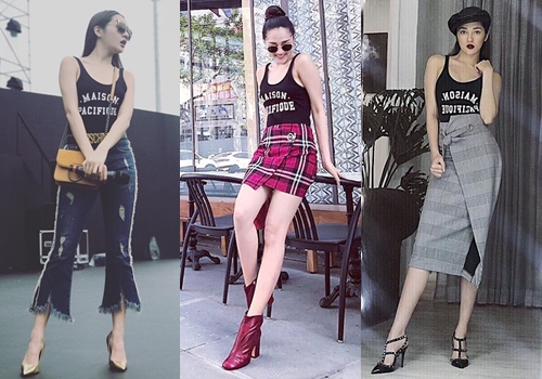 Bảo Anh phát cuồng chiếc áo tắm này. Cô nhiều lần dạo phố, đi sự kiện cùng nó, kết hợp đa dạng với quần jeans ống loe thập niên 1970, chân váy mini kẻ ca rô đậm chất punk, váy xẻ tà, mũ nồi...     