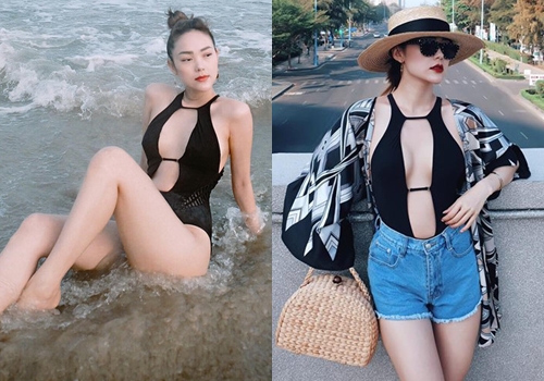 Minh Hằng là một trong những người đẹp thích mặc áo tắm dáng bodysuit. Chỉ cần mặc thêm áo khoác kimono, quần short, xách túi cói, cô đã có bộ cánh sexy lên phố.    