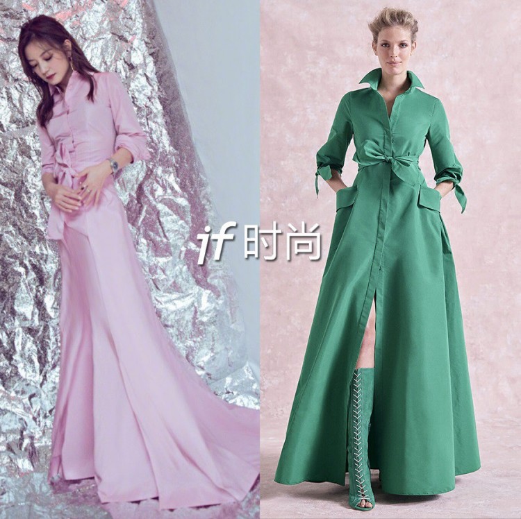 Đầm của Triệu Vy cực kì giống của thiết kế của nhà mốt Carolina Herrera. Nếu phần hình ảnh gốc vải phẳng phiu và xẻ tà ngay chân thì thiết kế của nàng diễn viên không hề xẻ tà và vải có phần nhăn nhúm hơn  
