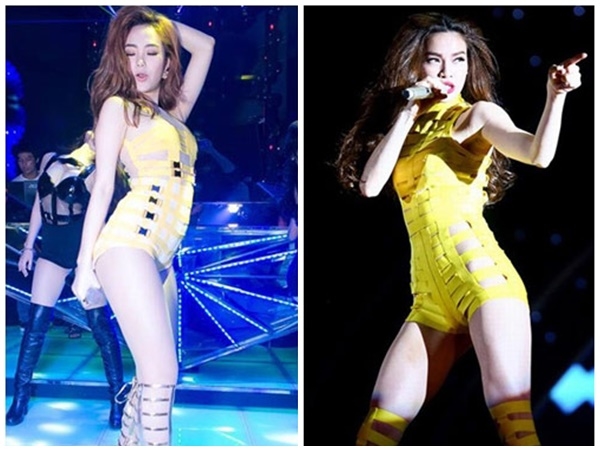 Trên sân khấu, cả hai từng đụng hàng bộ bodysuit đan dây màu vàng gợi cảm.  