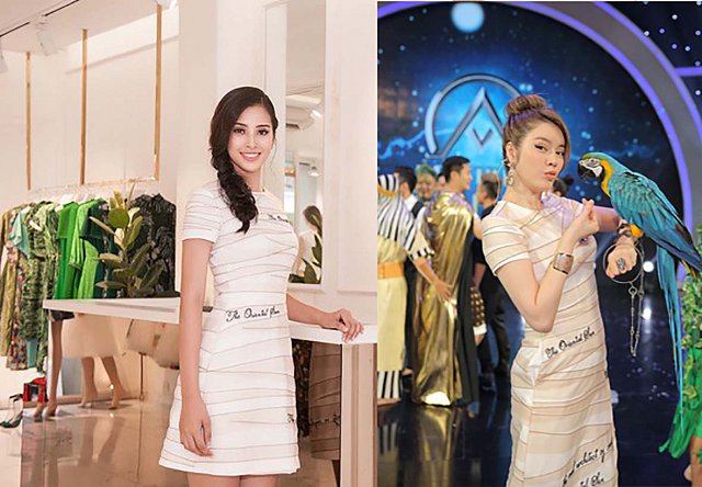 HH Tiểu Vy lại đụng hàng với một trong những “nữ hoàng thảm đỏ” của Vbiz là Lý Nhã Kỳ. Tiểu Vy thanh lịch nhẹ nhàng diện một thiết kế đầm chữ A của NTK Lê Thanh Hòa.      