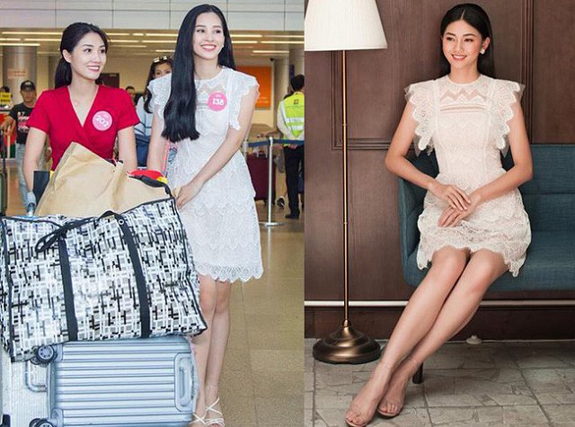 Hoa hậu Trần Tiểu Vy diện váy ren trắng, thiết kế giống hệt chiếc váy của Á hậu Thanh Tú đã từng mặc trước đó.    