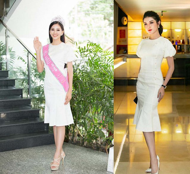 Không chỉ đụng hàng với Ngọc Trinh, Á hậu Thanh Tú, Hoa hậu Trần Tiểu Vy còn đụng hàng với Á hậu Huyền My. Chiếc váy này là thiết kế mà HH Trần Tiểu Vy lựa chọn trong lần xuất hiện đầu tiên sau ngày đăng quang của mình. Thiết kế mang sắc trắng tinh khôi nhẹ nhàng thanh lịch tôn trọn sắc vóc rạng ngời của nàng Hậu vừa tròn 18.    