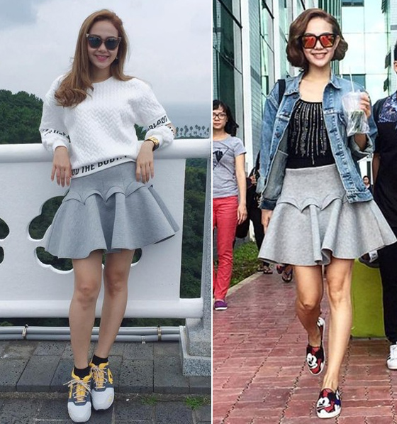 Cùng chiếc váy, Minh Hằng lựa chọn các item đi cùng khác nhau. Nhưng nhìn chung  phong cách đều trẻ trung, năng động.  
