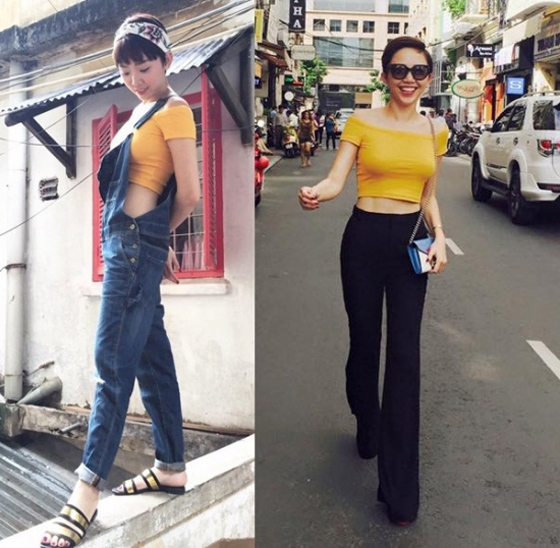 hiếc áo crop top màu vàng được Tóc Tiên kết hợp thành hai bộ khác nhau.  Nhưng ưu điểm vẫn là khoe vòng eo thon thả, phẳng lỳ.