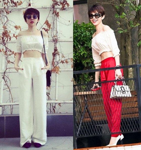Nếu kết hợp áo trễ vai lửng với quần dáng suông trắng, Tóc Tiên trông rất cao ráo  và sang chảnh. Khi phối cùng quần đỏ, cô lại nổi bật không ngờ.  