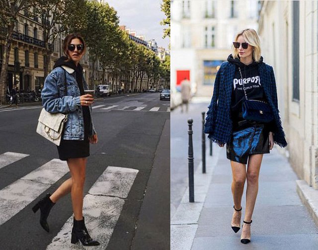 Mix hoodie cùng mini skirt là gợi ý mà các nàng công sở có thể áp dụng trong những ngày thời tiết se lạnh.    