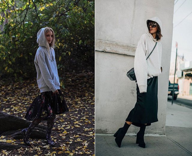 Áo hoodie khỏe khoắn hoàn toàn có thể mix cùng chân váy dài điệu đà. Từ dáng váy chữ A cổ điển đến chân váy midi xòe rộng hay váy mullet tà trước ngắn hơn tà sau đều thích hợp với kiểu áo này.    