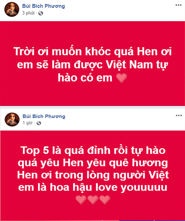 Ca sĩ Bích Phương xúc động trước thành tích của H'hen Niê tại chung kết Hoa hậu Hoàn vũ. Mặc dù chỉ lọt top 5 nhưng trong lòng khán giả H'hen Niê đã là hoa hậu.  