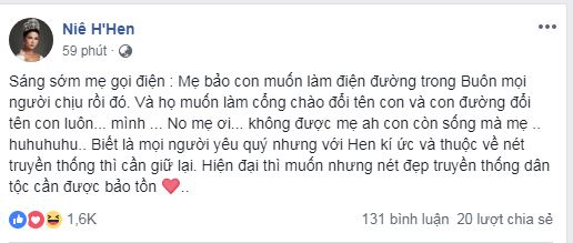H'Hen Niê lên tiếng chia sẻ khi dân làng muốn làm cổng chào và tên đường mang tên của cô.    