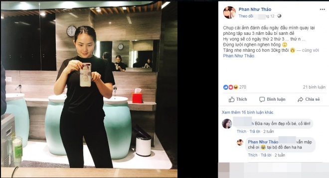 Vì tăng 30 kg nên Phan Như Thảo quyết tâm quay lại phòng tập.    