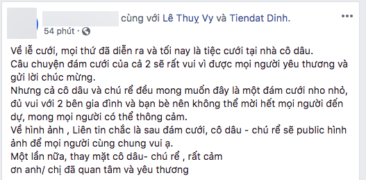 Bạn thân của hai vợ chồng Đinh Tiến Đạt đã viết dòng trạng thái chúc mừng cặp đôi,  đồng thời xác nhận hôn lễ là có thật