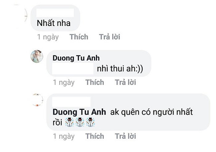 Một người bày tỏ với Tú Anh: “Nhất nha“. Bất ngờ là Tú Anh đáp lại: “Nhì thôi ạ” và người này hưởng ứng:“À quên, có người nhất rồi“.    