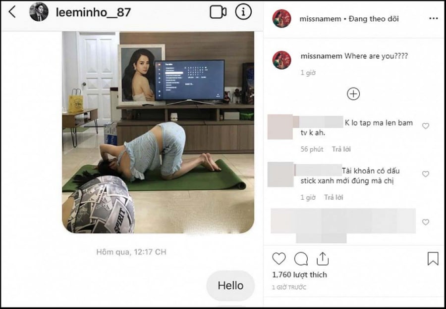 Cách đây ít giờ, Hoa khôi Nam Em đăng tải hình ảnh mới nhất trên Instagram. Rất bất ngờ, người đẹp chụp lại tin nhắn mà mình đã gửi cho ngôi sao điện ảnh Hàn Quốc Lee Min Ho gắn kèm nội dung: “Where are you? – Anh ở đâu?”.    Nhưng sốc hơn thế, trong đoạn chat mà Nam Em gửi tới tài khoản “leeminho_87″ còn có cả một hình ảnh được cho là nhạy cảm. Trong ảnh, người đẹp đang quỳ trên mặt đất, áo quần xộc xệch khi thực hiện một động tác yoga. Ngoài việc gửi đi bức ảnh nhạy cảm, Nam Em còn được cho là mất kiểm soát khi liên tục nhắn“Hello”, “Hello”… bởi chưa thấy hồi đáp. Có vẻ như cô bị phát cuồng tài tử điện ảnh Hàn Quốc và cũng chẳng mấy quan tâm tới chuyện giữ hình tượng người nổi tiếng mà mình đang có.    Tin nhắn mà Nam Em gửi tới minh tinh Hàn Quốc ngay lập tức vấp phải những phản ứng trái chiều. Cho rằng Nam Em lố lăng, người hâm mộ Lee Min Ho tại Việt Nam mong người đẹp miền Tây hãy “buông tha cho oppa” của họ, đừng làm phiền bằng những tin nhắn vô bổ. Tuy nhiên, số khác tinh ý phát hiện ra tài khoản mạng “leeminho_87″ được Nam Em nhắn tin là giả mạo. Lúc này, nhiều người lại phải bật cười vì tin yêu mà Nam Em gửi trao mỹ nam đã bị… nhầm địa chỉ.    