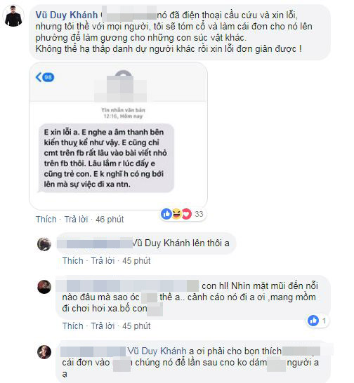 Vũ Duy Khánh quyết định không tha thứ dù cô gái đã lên tiếng xin lỗi.    