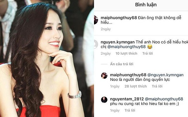Hoa hậu Mai Phương Thuý đã có chia sẻ về nam ca sĩ Noo Phước Thịnh mà chắc chắn rằng đối với mọi chàng trai nào nghe thấy cũng đều cảm thấy hãnh diện. Sau khi người đẹp đăng tải tấm hình kèm với caption: “đàn ông thật không dễ hiểu…”, ngay sau đó, cô nhận được một bình luận từ khán giả hâm mộ hỏi rằng: “thế anh Noo có dễ hiểu không chị?” thì Mai Phương Thuý đã trả lời: “Noo là người đàn ông quyền lực”. Lời khen mà nàng hoa hậu dành cho nam ca sĩ Noo Phước Thịnh thật khiến nhiều fan vô cùng thích thú vì trước đó, Noo cũng đã bày tỏ tình cảm chân thành của anh dành cho Mai Phương Thuý.    Mối quan hệ của Noo và hoa hậu Mai Phương Thuý vô cùng thân thiết. Nhiều lần cùng nhau xuất hiện tại thảm đó, chụp ảnh cùng nhau và có những cử chỉ quan tâm dành cho nhau vô cùng thắm thiết. Noo Phước Thịnh cũng được biết đến là một nam ca sĩ rất ga lăng và chu đáo, và tất nhiên, sự chu đáo này dành cho Mai Phương Thuý – tri kỉ của anh chàng sẽ còn tỉ mĩ hơn rất nhiều! Cho nên lời khen của cô nàng dành cho Noo cũng có lẽ là xuất phát từ chính tình cảm của mình!    