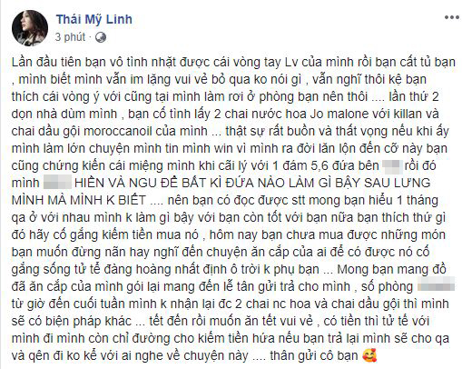 Thái Mỹ Linh bức xúc lên tiếng khi bị bạn từng ở chung phòng lấy cắp đồ.  