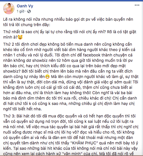 Vy Oanh đăng hẳn dòng trạng thái bức xúc việc đàn chị cướp hit    