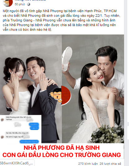 Mạng xã hội lan truyền thông tin Nhã Phương đã hạ sinh con đầu long cho Trường Giang.