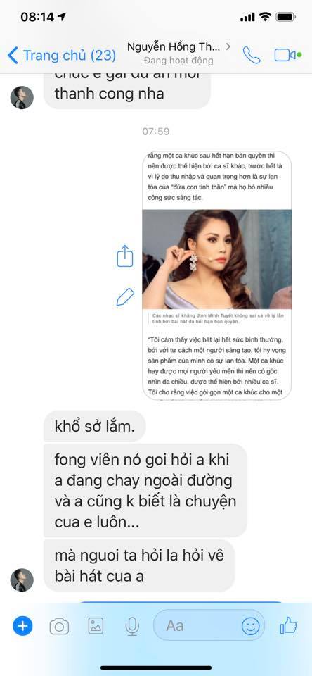 Tin nhắn giữa Vy Oanh cùng hai nhạc sĩ Phúc Trường và Nguyễn Hồng Thuận    