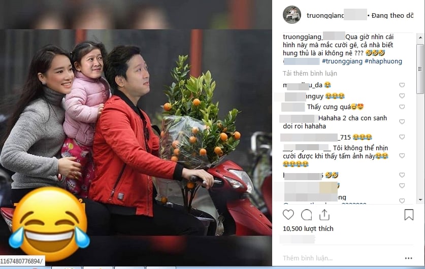Trường Giang không giấu nổi sự thích thú khi nhìn thấy ảnh chế anh chở Nhã Phương và con gái đi sắm Tết.