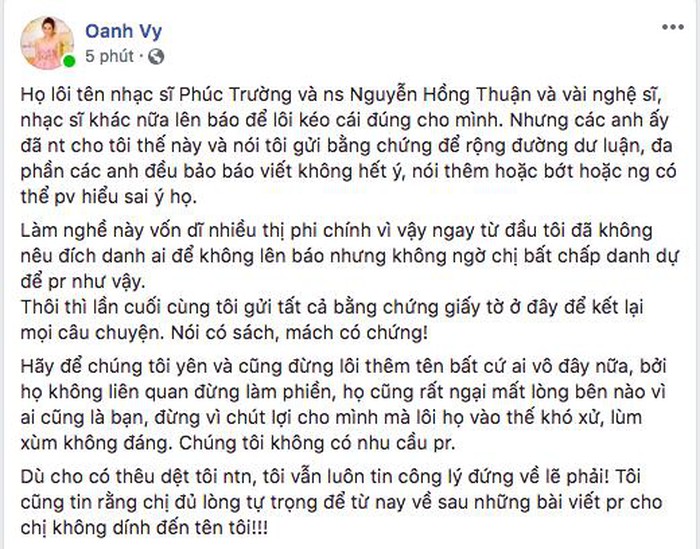 Vy Oanh đăng tải dòng trạng thái mới khẳng định Minh Tuyết dùng chiêu lôi kéo hai vị nhạc sĩ về phía mình.    