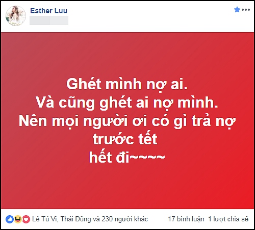 Status than thở chuyện nợ nần của Hari Won.    