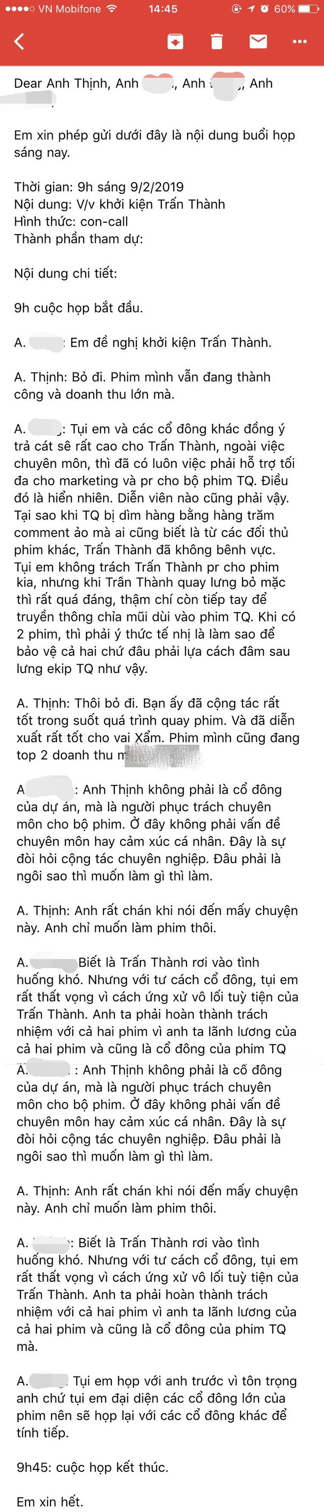 Nội dung đoạn email ghi lại biên bản cuộc họp giữa đạo diễn Đức Thịnh và các cổ đông của phim.    