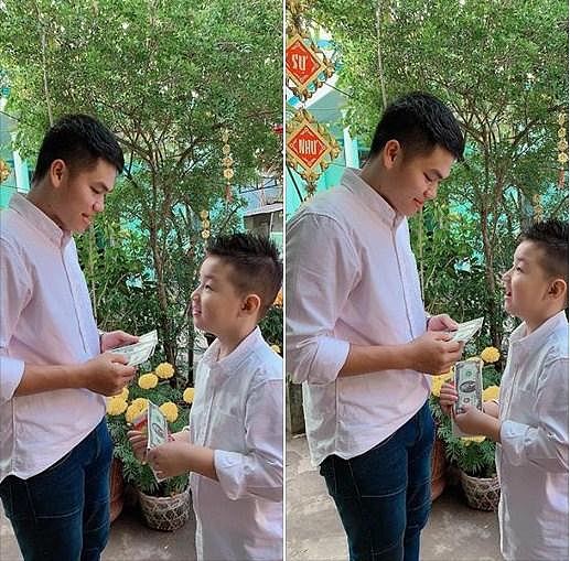 Bé Cà Pháo đeo Trung Kiên ‘như cục hít’ khi về quê ăn Tết.    