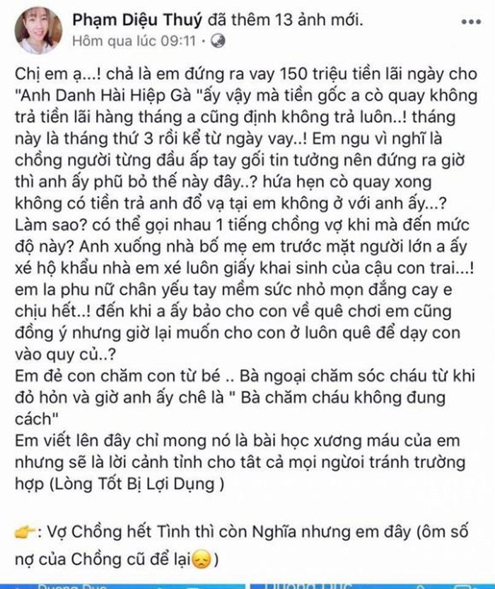 Diệu Thúy tố chồng vay tiền không trải khiến cô phải ôm số nợ 150 triệu.
