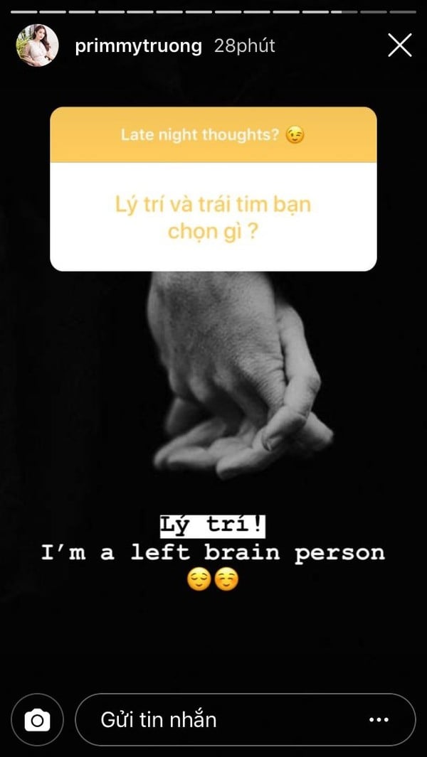 Primmy Trương cũng chia sẻ thêm cô nàng là người sống thiên về lý trí.