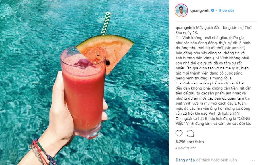 Quang Vinh chia sẻ trên Instagram.  