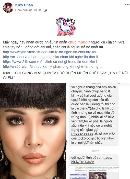 Dòng trạng thái Kiko Chan đăng tải trên trang cá nhân.